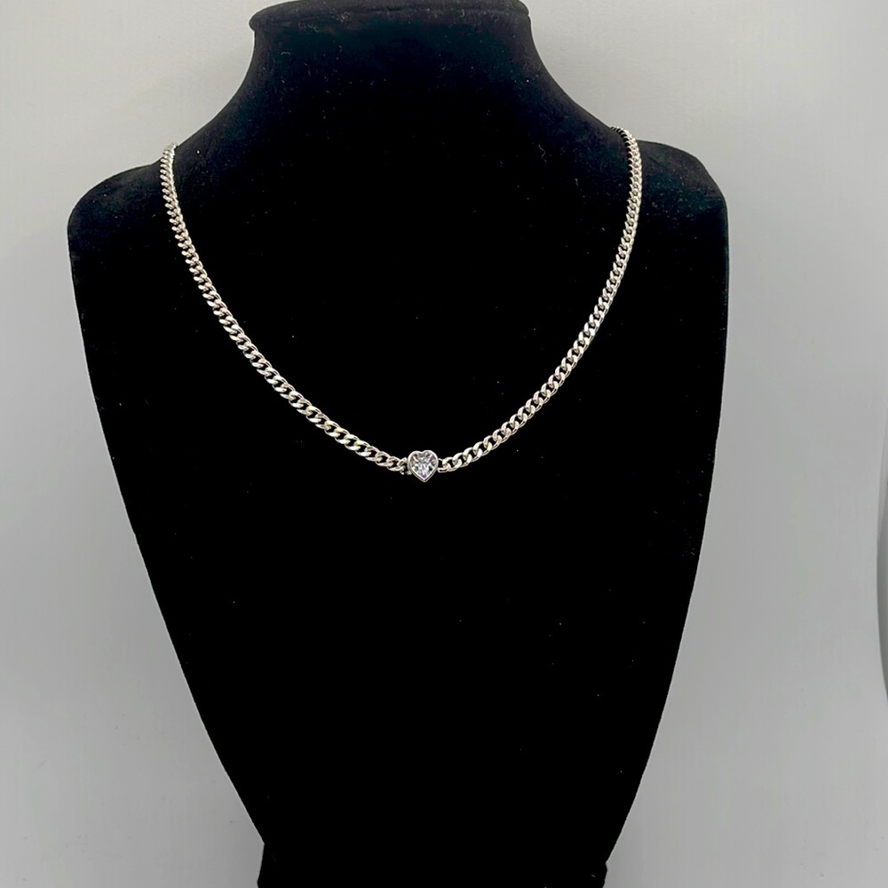 STERLING SILVER HEART CUBAN LINK CHOKER NECKLACE